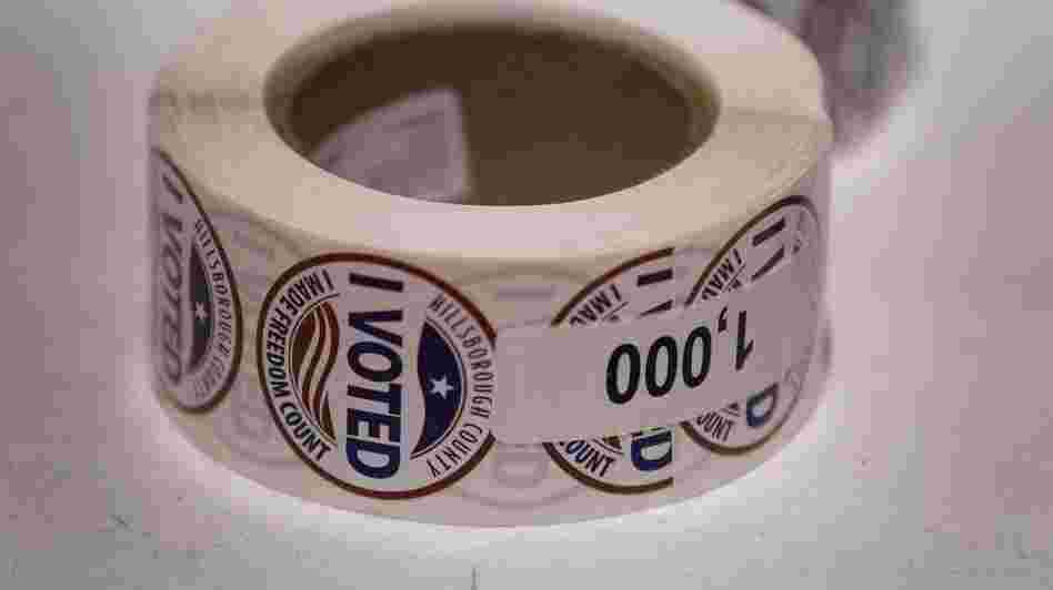"I Voted" stickers are left ready for voters at a polling station on Jan. 31, the day of Florida's presidential primary, in Tampa.