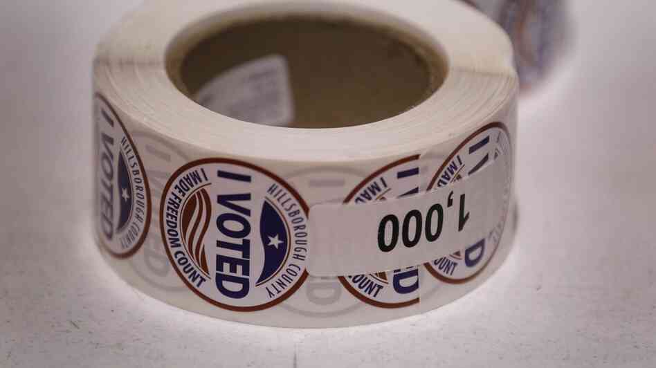 "I Voted" stickers are left ready for voters at a polling station on Jan. 31, the day of Florida's presidential primary, in Tampa.