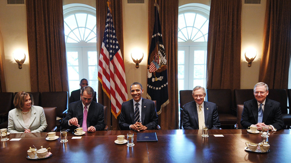 See, they really can get along. President Obama met with bipartisan House and Senate leadership on fiscal policy including (from left) Nancy Pelosi, John Boehner, Harry Reid and Mitch McConnell last year in the Cabinet Room of the White House.
