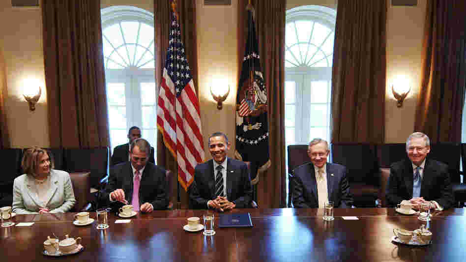 See, they really can get along. President Obama met with bipartisan House and Senate leadership on fiscal policy including (from left) Nancy Pelosi, John Boehner, Harry Reid and Mitch McConnell last year in the Cabinet Room of the White House.