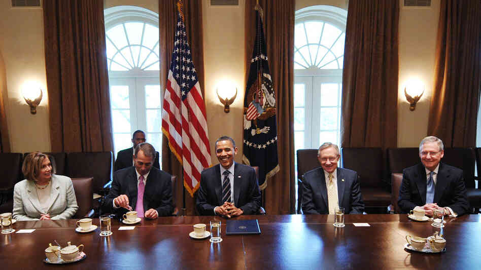 See, they really can get along. President Obama met with bipartisan House and Senate leadership on fiscal policy including (from left) Nancy Pelosi, John Boehner, Harry Reid and Mitch McConnell last year in the Cabinet Room of the White House.