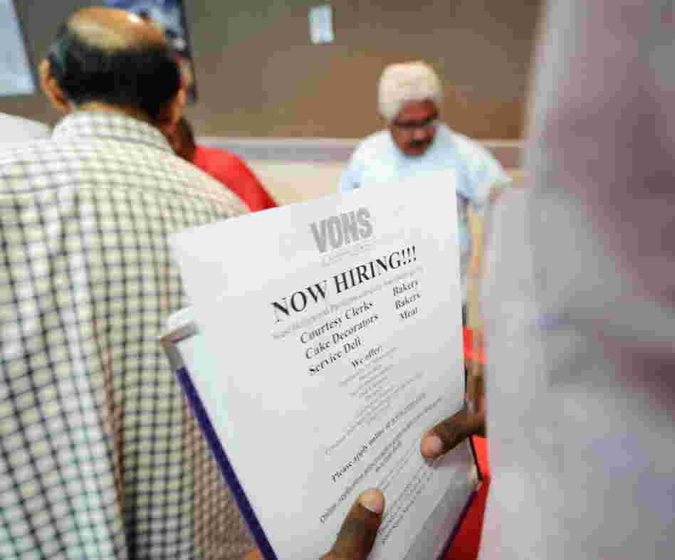 Hoping for work: Job seekrs lined up Thursday at a job fair in Los Angeles.