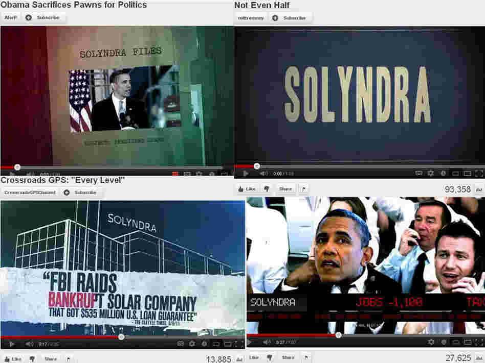 Screen grabs of four separate ads from four different political groups critical of President Obama's handling of Solyndra, the failed solar-panel maker. Clockwise from top left, the ads are from: Americans for Prosperity, MittRomney.com, American Crossroads and Crossroads GPS. Screen grabs of four separate ads from four different political groups critical of President Obama's handling of Solyndra, the failed solar-panel maker. Clockwise from top left, the ads are from: Americans for Prosperity, MittRomney.com, American Crossroads and Crossroads GPS.
