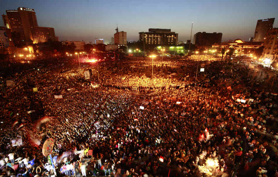 Egyptians gather at Tahrir Square in Cairo to call for a new revolution Saturday. A court sentenced ousted President Hosni Mubarak and his interior minister to life in prison, but acquitted six security chiefs in the deaths of protesters last year.