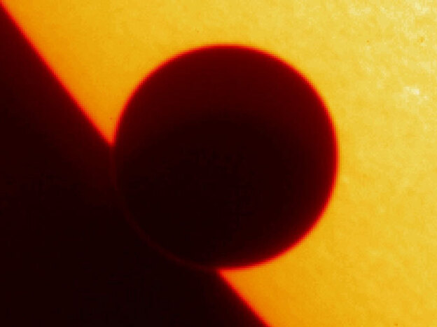Venus on the eastern limb of the Sun captured by TRACE satellite.