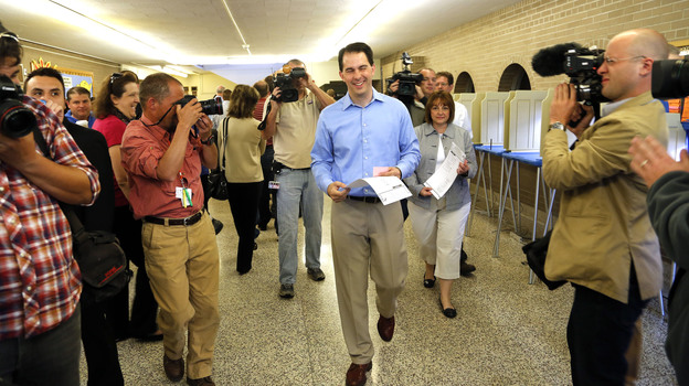 Wisconsin Gov. Scott Walker,  after voting Tuesday in Wauwatosa, Wis., in the state's gubernatorial recall.