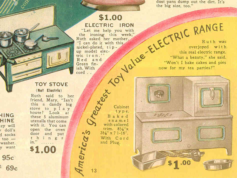 When electric ranges replaced wood and gas in the kitchen, oven toys followed suit, as seen in this Billy & Ruth toy catalog from 1935.
