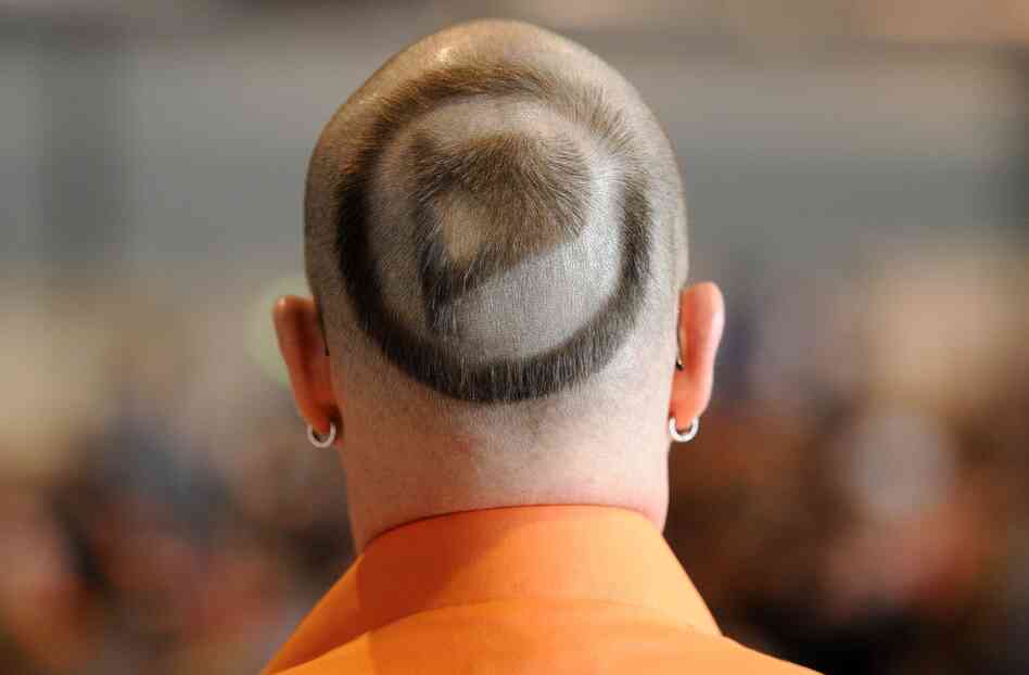 A member of the German Pirate Party, with its logo shaved in his hair, attends the party's two-day conference in Neumuenster, Germany, on April 28.