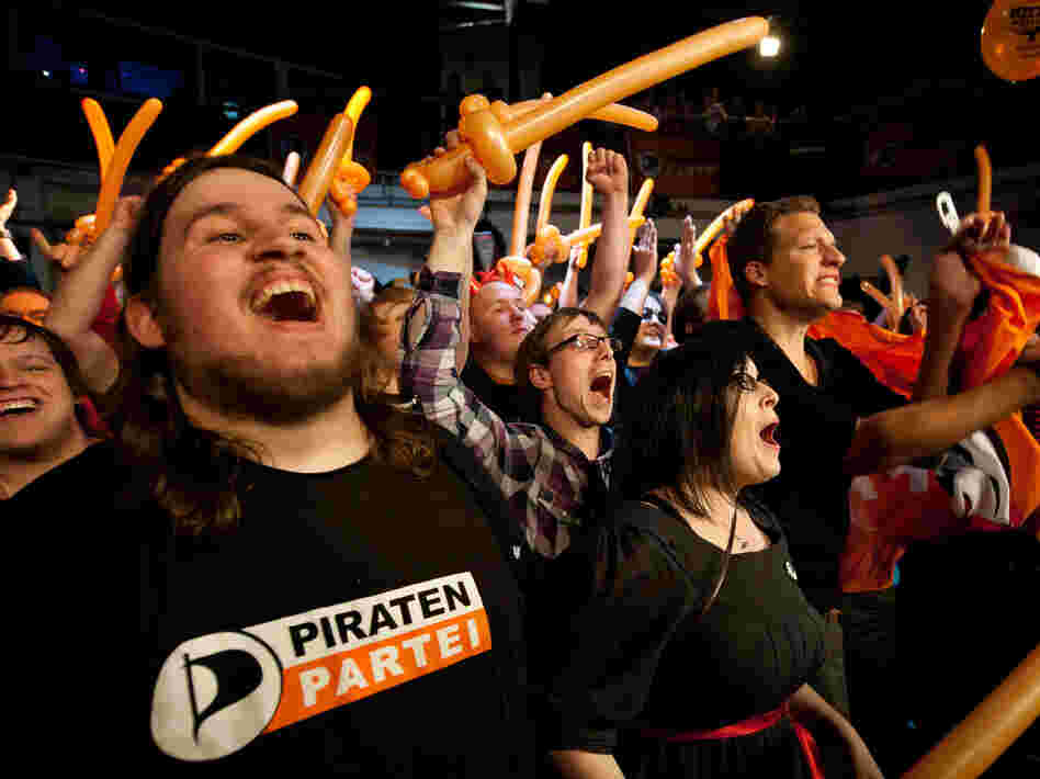 Supporters of the Pirate Party react after early results are announced during elections in Duesseldorf, Germany, on May 13.