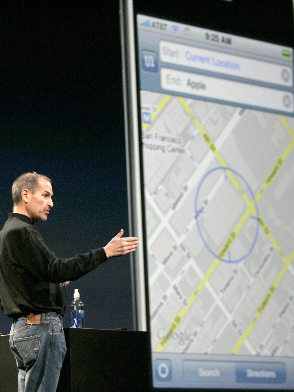 Apple's late CEO, Steve Jobs, discusses the Google Maps application for the iPhone during the Macworld Convention and Expo in San Francisco in 2008.