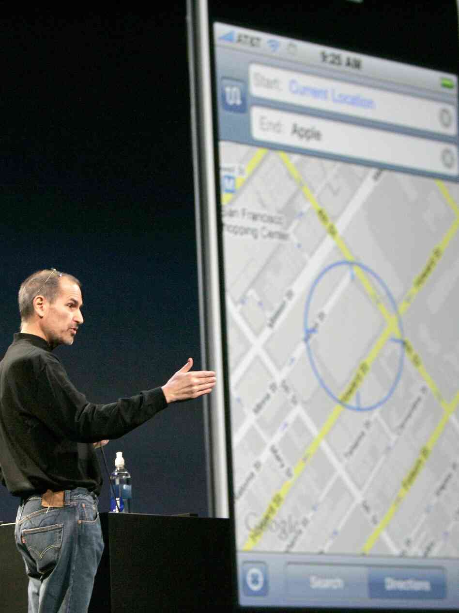 Apple's late CEO, Steve Jobs, discusses the Google Maps application for the iPhone during the Macworld Convention and Expo in San Francisco in 2008.