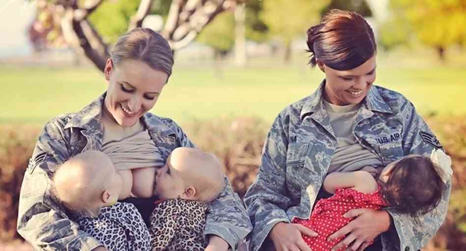 Terran Echegoyen-McCabe and Christina Luna breast-feed their children at Fairchild Air Force Base in Spokane, Wash.