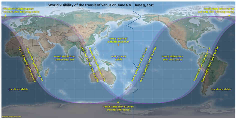 This map provided by NASA shows the visibility for Tuesday's transit of Venus. Click here for information on the best viewing times for your location.