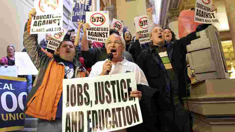 Rick Muir, president of the Indiana Federation of Teachers, chanted with other protesters at the Statehouse in Indianapolis in February 2011 over legislation limiting collective bargaining for teachers. Months later, it became law. Rick Muir, president of the Indiana Federation of Teachers, chanted with other protesters at the Statehouse in Indianapolis in February 2011 over legislation limiting collective bargaining for teachers. Months later, it became law.