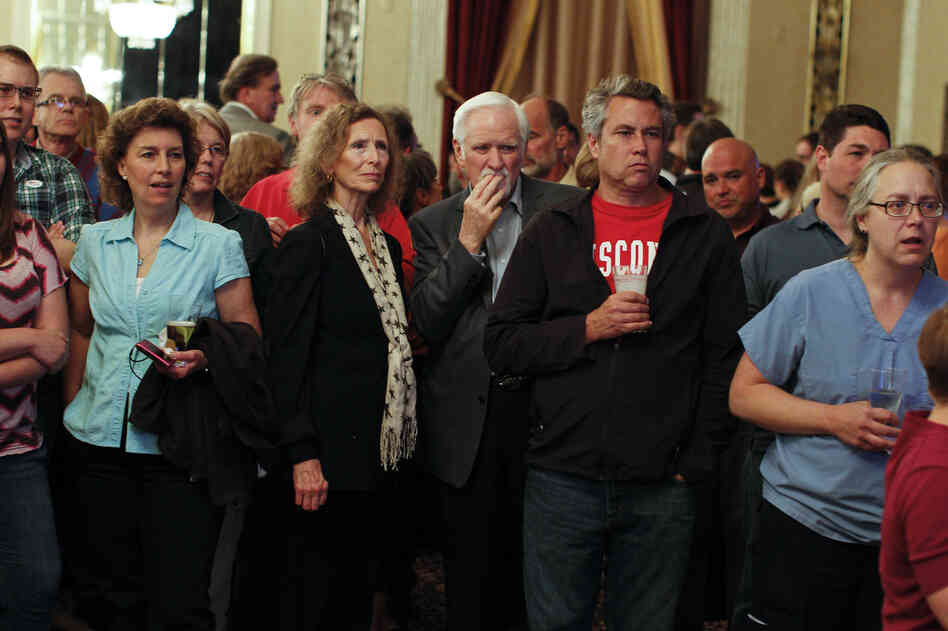 Barrett's supporters watch early election returns June 5, in Milwaukee.