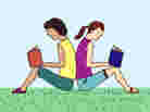 Illustration: Two teens sit back-to-back, reading books. Illustration: Two teens sit back-to-back, reading books.