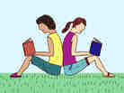 Illustration: Two teens sit back-to-back, reading books. Illustration: Two teens sit back-to-back, reading books.