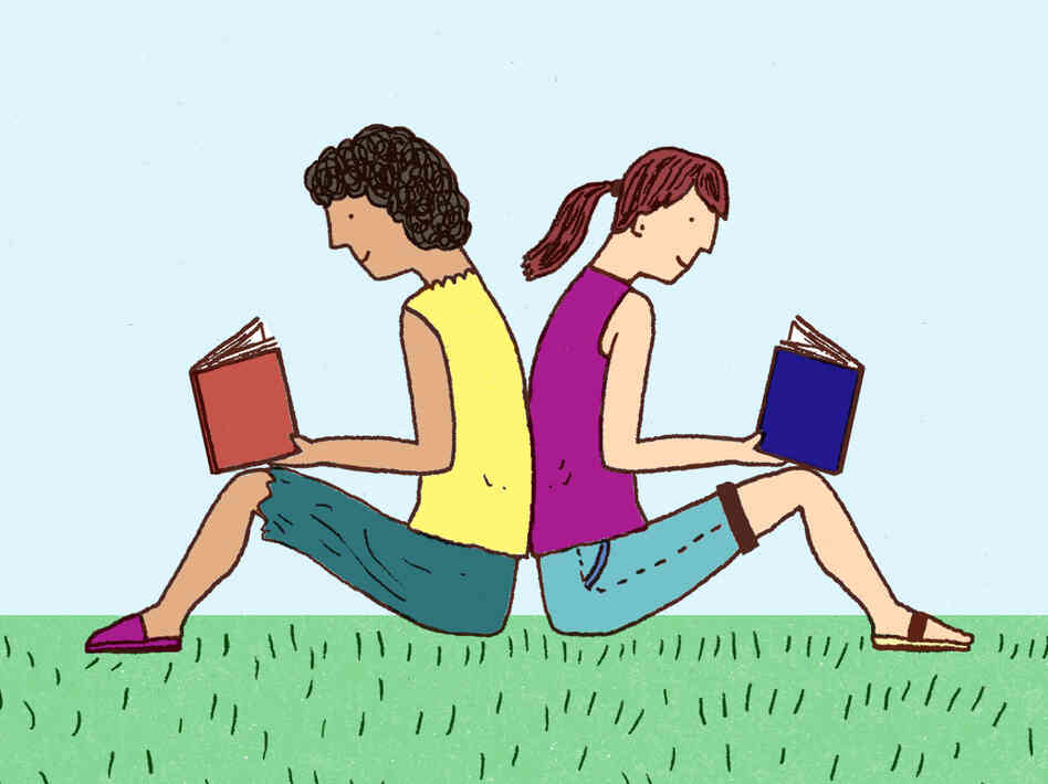 Illustration: Two teens sit back-to-back, reading books. Illustration: Two teens sit back-to-back, reading books.