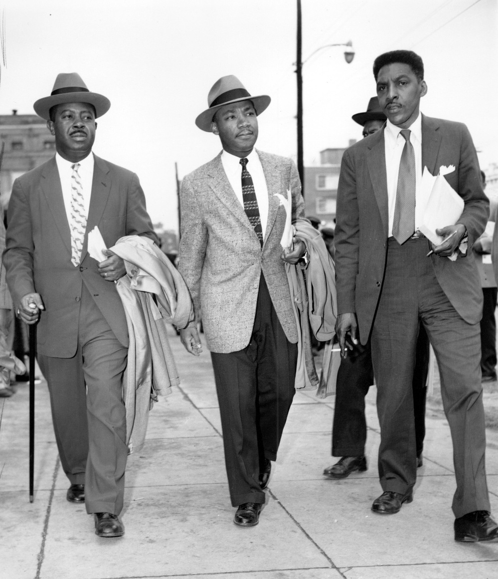 The Rev. Ralph Abernathy (from left), the Rev. Dr. Martin Luther King Jr. and Bayard Rustin leave the Montgomery (Ala.) County Courthouse in 1956. Rustin, who was gay, was the main organizer of the 1963 March on Washington.