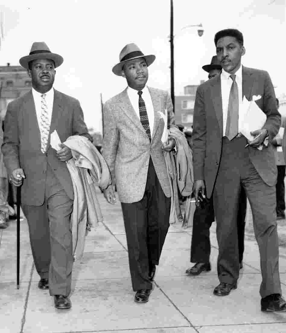 The Rev. Ralph Abernathy (from left), the Rev. Dr. Martin Luther King Jr. and Bayard Rustin leave the Montgomery (Ala.) County Courthouse in 1956. Rustin, who was gay, was the main organizer of the 1963 March on Washington.