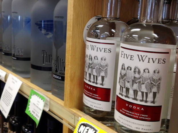 Bottles of Ogden's Own Distillery Five Wives Vodka at a state liquor store in Salt Lake City.