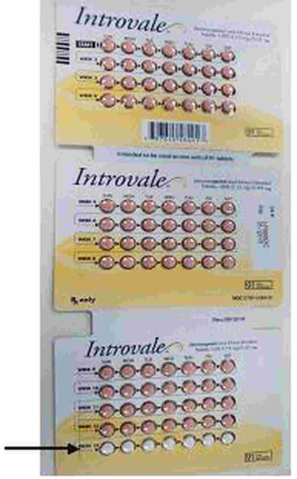 A packaging mix-up led Sandoz to recall 10 lots of the generic oral contraceptive Introvale. The black arrow shows the inert pills in the proper location. A packaging mix-up led Sandoz to recall 10 lots of the generic oral contraceptive Introvale. The black arrow shows the inert pills in the proper location.