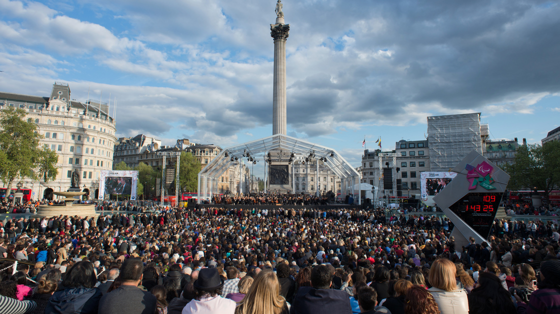 The London Symphony Orchestra, performing for real at a free concert in Trafalgar Square last month.