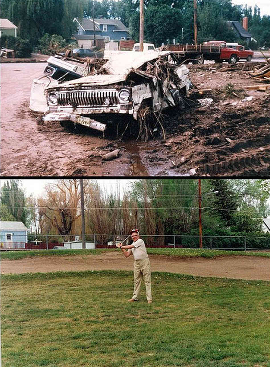 This man's jeep was destroyed by the flood. In the bottom photo, he tees off 20 years later on a golf course that was built where his neighborhood used to stand. The city prohibited building in the flood plain after 1972. A gallery of before and after images is here. This man's jeep was destroyed by the flood. In the bottom photo, he tees off 20 years later on a golf course that was built where his neighborhood used to stand. The city prohibited building in the flood plain after 1972. A gallery of before and after images is here.