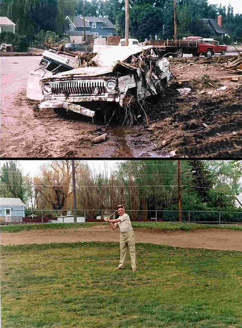 This man's jeep was destroyed by the flood. In the bottom photo, he tees off 20 years later on a golf course that was built where his neighborhood used to stand. The city prohibited building in the flood plain after 1972. A gallery of before and after images is here. This man's jeep was destroyed by the flood. In the bottom photo, he tees off 20 years later on a golf course that was built where his neighborhood used to stand. The city prohibited building in the flood plain after 1972. A gallery of before and after images is here.