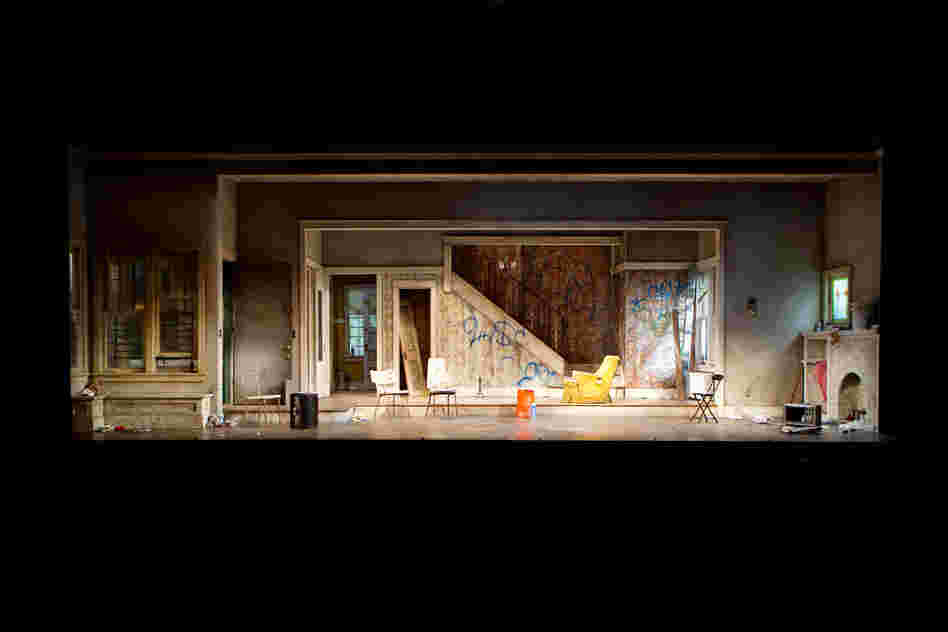 In the second act, the Clybourne Park house has seen substantial wear and tear. The play's story of a neighborhood's decline and rebirth is made tangible in Ostling's design.