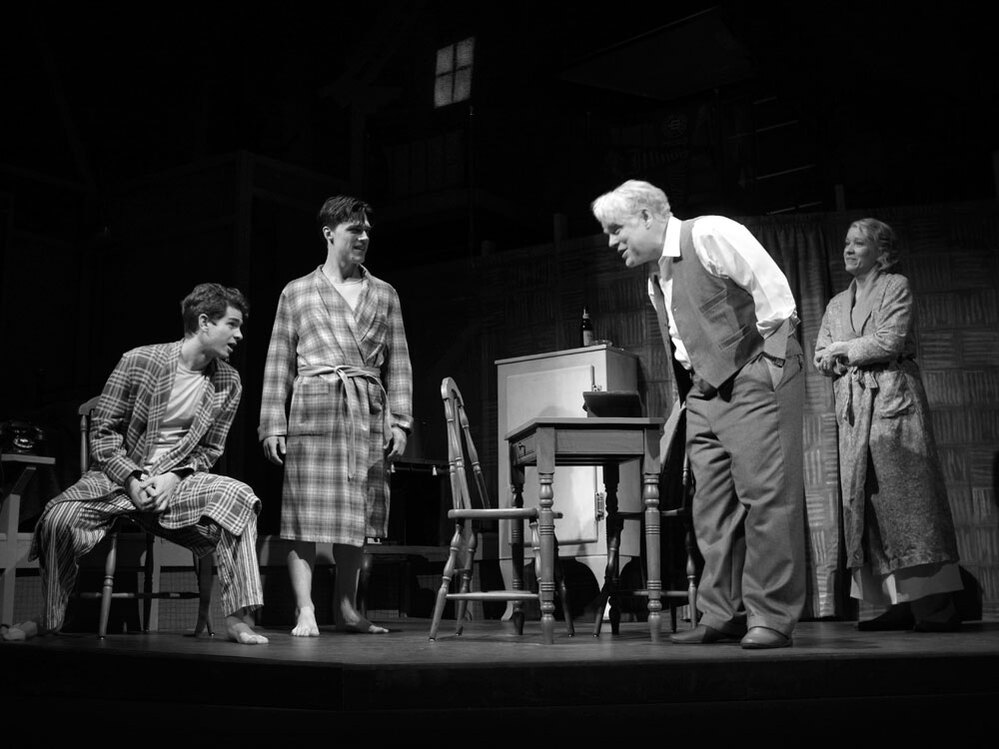 Philip Seymour Hoffman (center) and Andrew Garfield (left) with Finn Wittrock and Linda Emond in the revival of Arthur Miller's Death of a Salesman. The play received seven nominations in total.