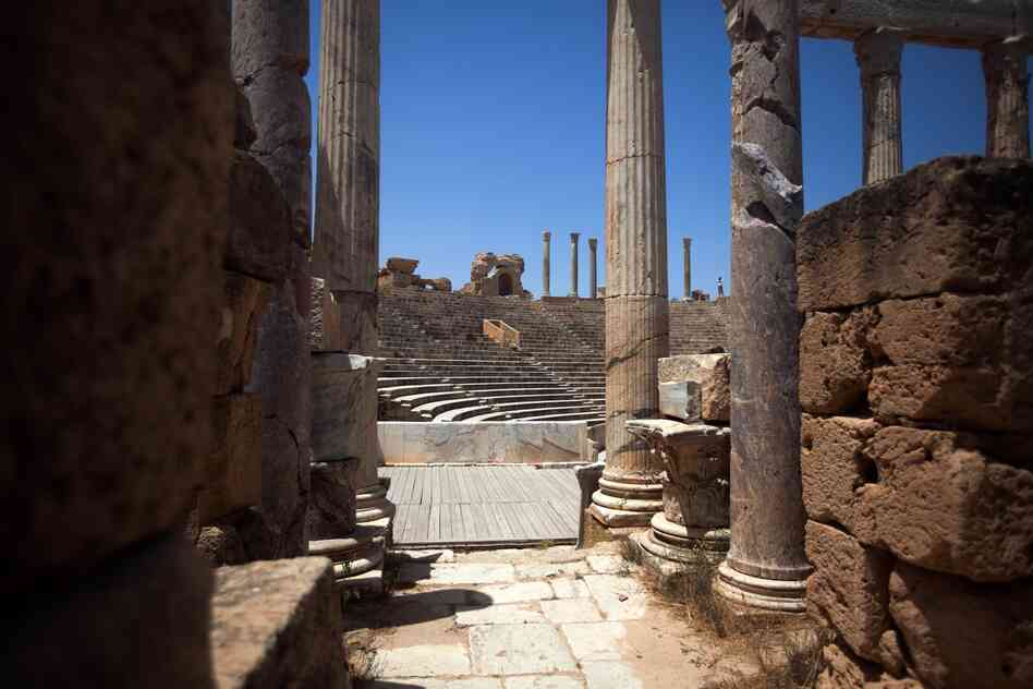 A view of the Leptis Magna amphitheater. Leptis Magna is a massive Roman ruin on the Libyan coast between Tripoli and Misrata.