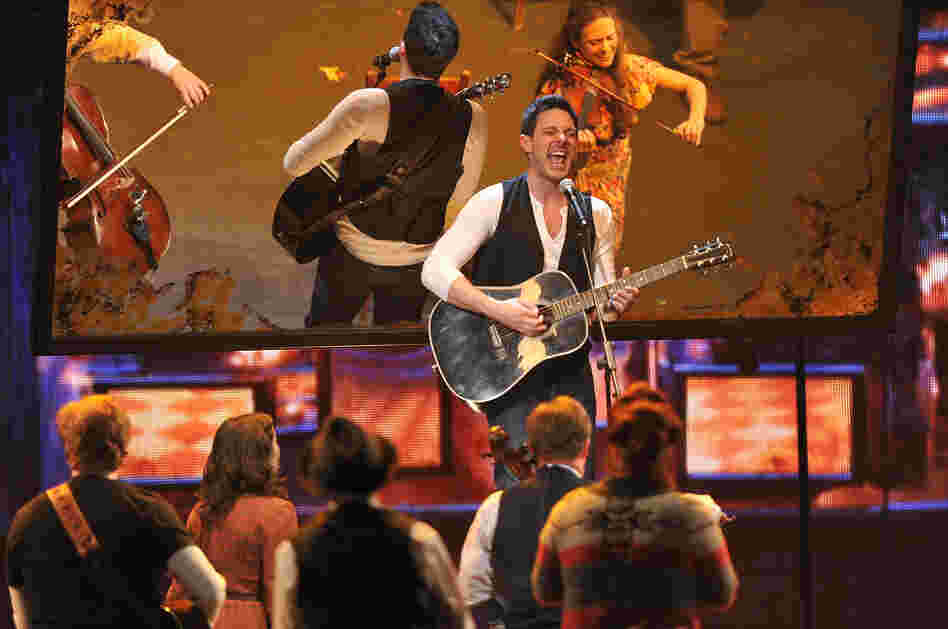 New-minted Tony winner Steve Kazee performs with the cast of Once on the awards broadcast.