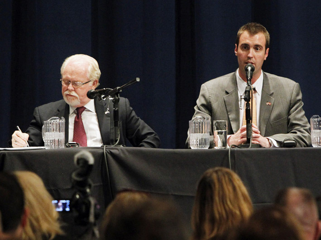 Democrat Ron Barber (left) and Republican Jesse Kelly during a May 23 debate in Tucson. They are running Tuesday in a special election to replace retired Rep. Gabrielle Giffords.