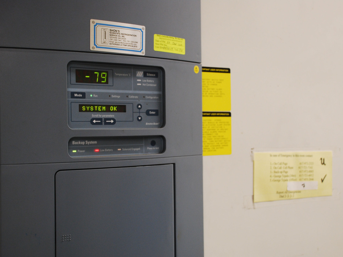The control panel for freezer U, where a malfunction led to the thawing of brains used in autism research. When operating properly, the freezer temperature is minus 79 degrees Celsius.