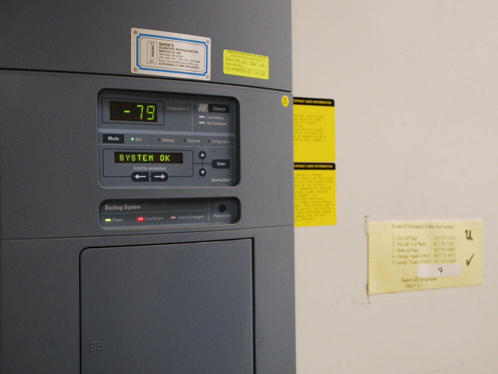 The control panel for freezer U, where a malfunction led to the thawing of brains used in autism research. When operating properly, the freezer temperature is minus 79 degrees Celsius.