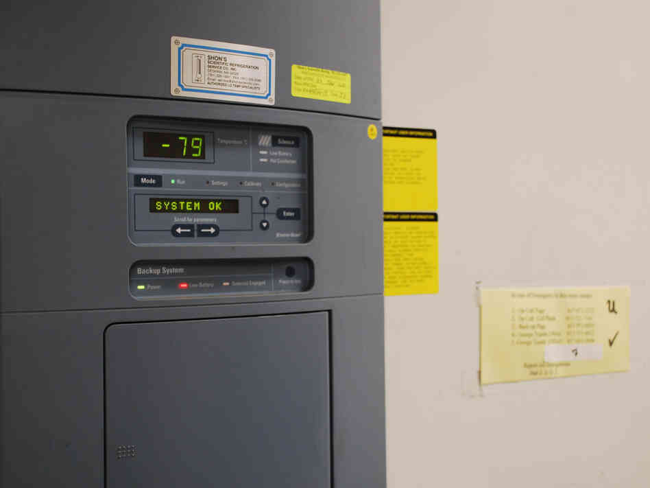 The control panel for freezer U, where a malfunction led to the thawing of brains used in autism research. When operating properly, the freezer temperature is minus 79 degrees Celsius.
