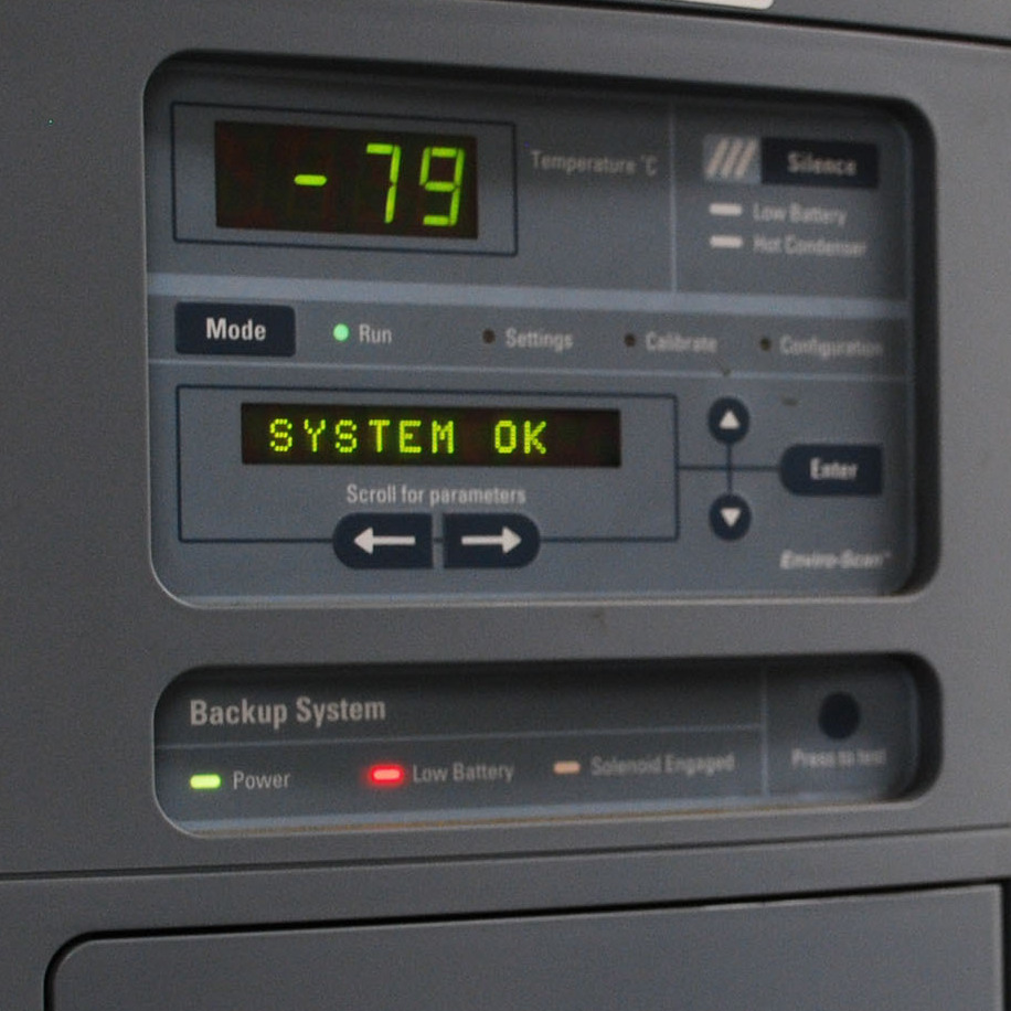 The control panel for freezer U, where a malfunction led to the thawing of brains used in autism research. When operating properly, the freezer temperature is minus 79 degrees Celsius.