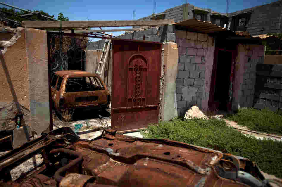 A destroyed home in Tawargha, south of Misrata. Residents have not returned home for fear of death. Misratans have burned every single home in the area and destroyed the town's infrastructure.