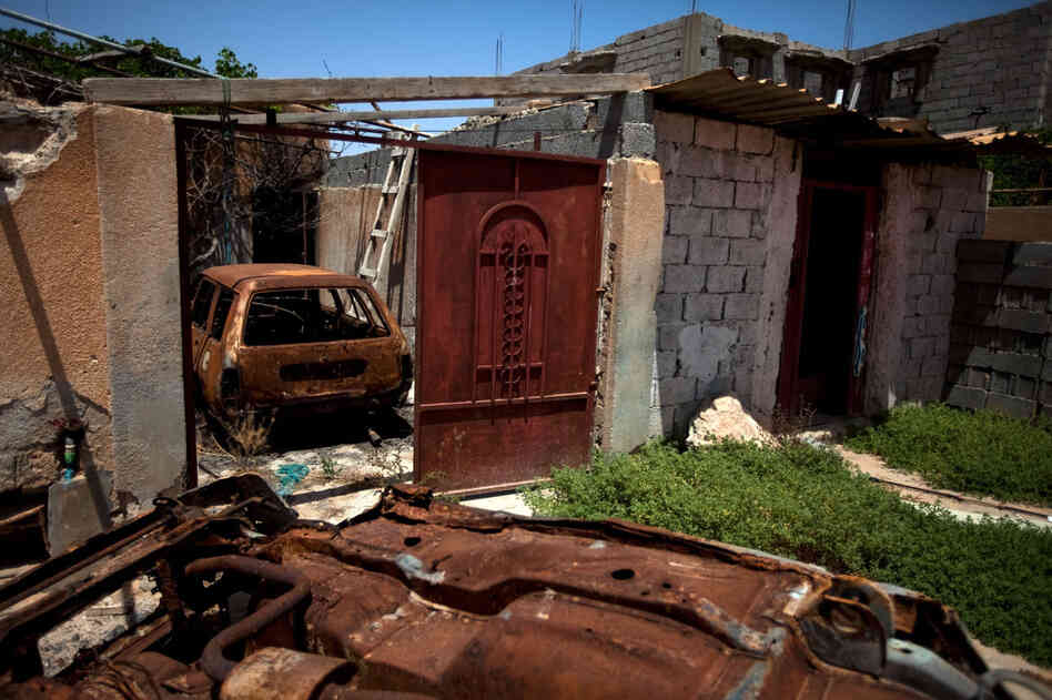 A destroyed home in Tawargha, south of Misrata. Residents have not returned home for fear of death. Misratans have burned every single home in the area and destroyed the town's infrastructure.