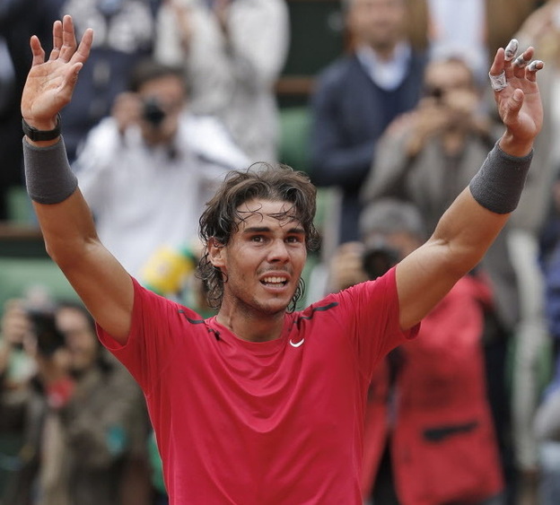 Rafael Nadal of Spain celebrates winning the French Open earlier today.