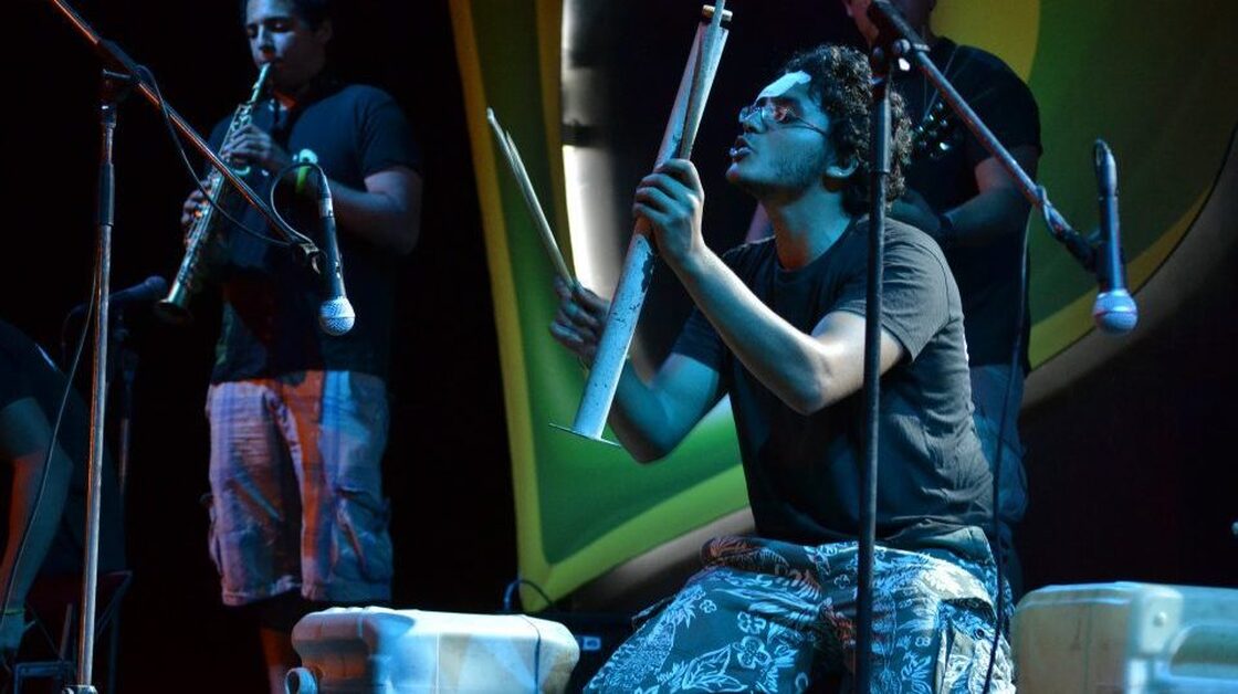 Noor Noor performs with his band El-Zabaleen, which makes many of its instruments out of recycled materials.