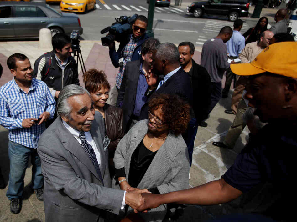 Rep. Charles Rangel greets supporters after a press conference at Frederick Douglass Circle in New York on May 3.
