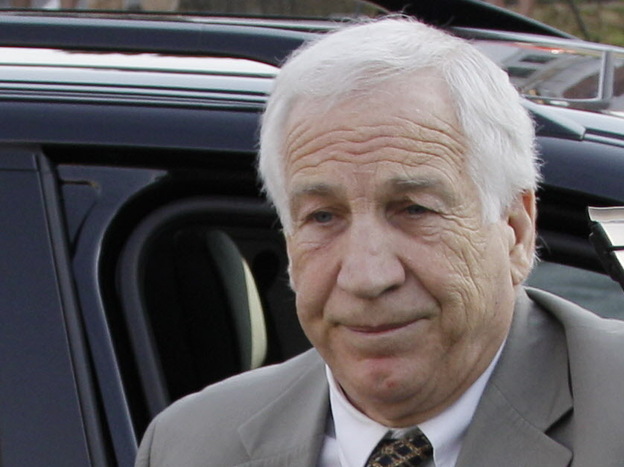 Former Penn State University assistant football coach Jerry Sandusky as he arrived at the Centre County Courthouse in Bellefonte, Pa., this morning.