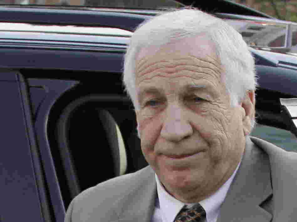 Former Penn State University assistant football coach Jerry Sandusky as he arrived at the Centre County Courthouse in Bellefonte, Pa., this morning.