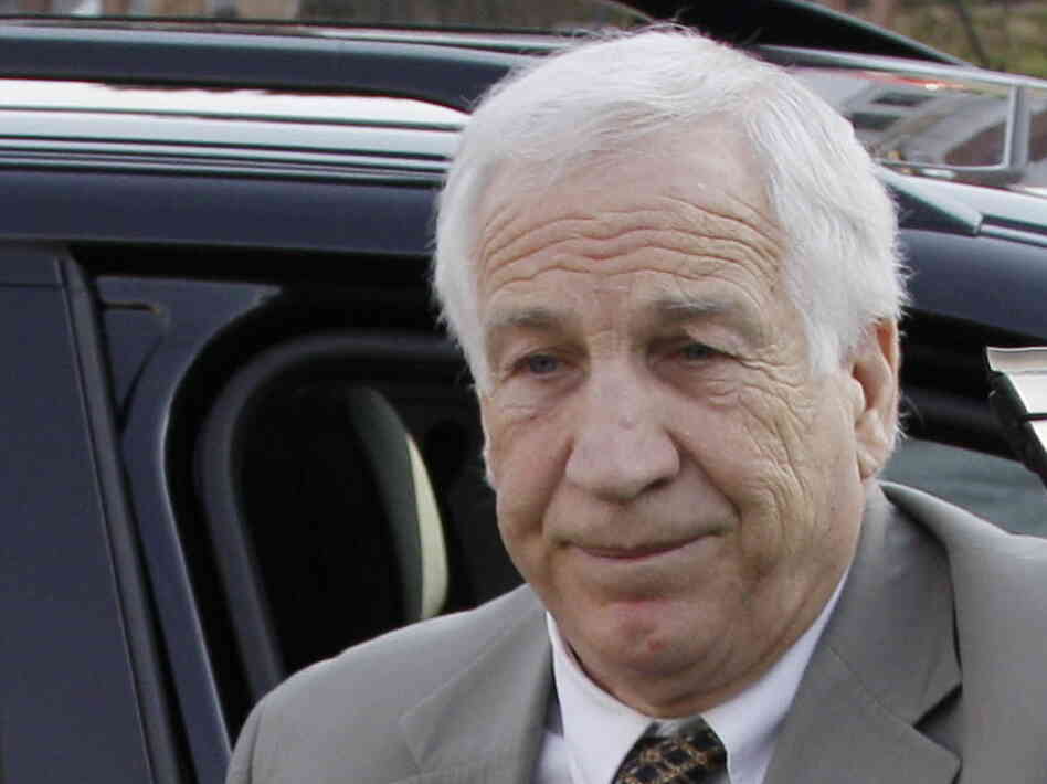 Former Penn State University assistant football coach Jerry Sandusky as he arrived at the Centre County Courthouse in Bellefonte, Pa., this morning.