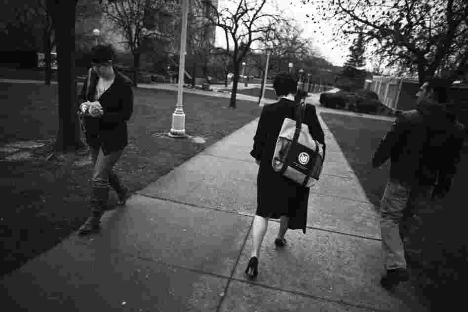 Morris walks across the Sierra College campus on her way to a meeting.