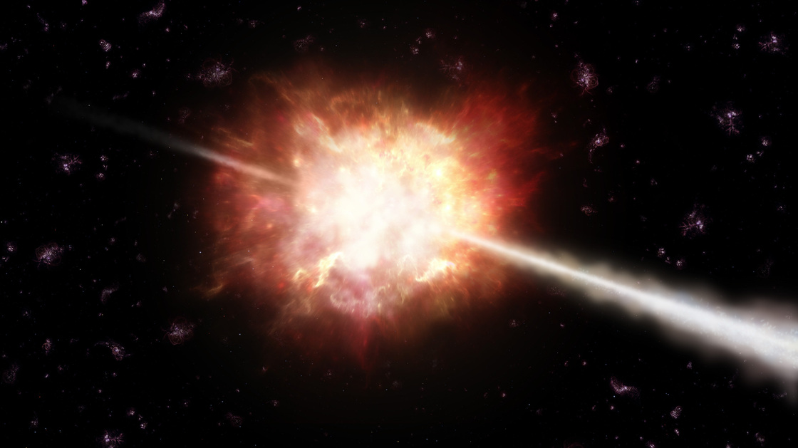 An artist's impression of a gamma-ray burst, a powerful jet of energy lasting from less than a second to several minutes. The most powerful events in the universe, they are thought to be mostly associated with the explosion of stars that collapse into black holes.