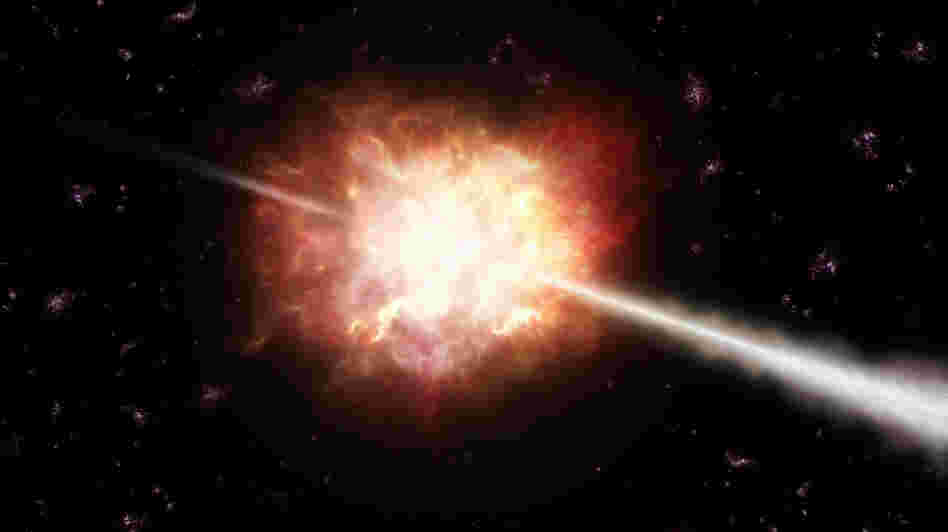 An artist's impression of a gamma-ray burst, a powerful jet of energy lasting from less than a second to several minutes. The most powerful events in the universe, they are thought to be mostly associated with the explosion of stars that collapse into black holes.