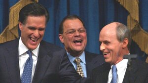 Romney shares a light moment with Senate President Robert E. Travaglini (center) and House Speaker Thomas Finneran before his State of the State address in 2004.